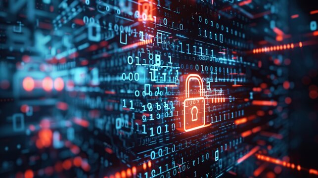 Abstract digital background with glowing padlock and binary code.