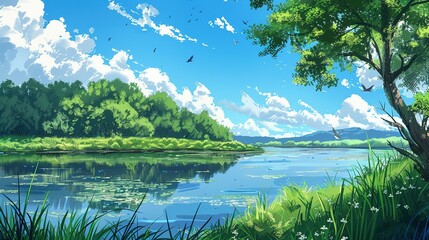 Fototapeta premium Serene Summer Landscape with a Calm River and Lush Greenery