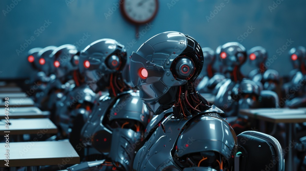 Poster the robots studying in classroom