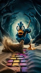Funny blue bird with broom in the forest. Halloween concept.