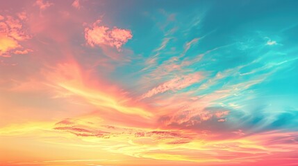Obraz premium Fantasy vibrant panoramic sunset sky - Gradient rich colors - ethereal dreamy summer sunset or sunrise sky. Uplifting and peaceful sky. - blue, orange, yellow vibrant rich colors 