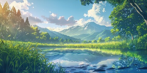 Serene Mountain Lake with Green Grass and Sunlight © Koplexs-Stock