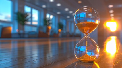 Hourglass on a wooden table with a blurry background.