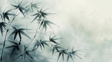 Abstract watercolor painting of bamboo leaves and branches in a foggy forest. Traditional Chinese painting style with delicate brushstrokes. Concept of nature, peace, and tranquility.