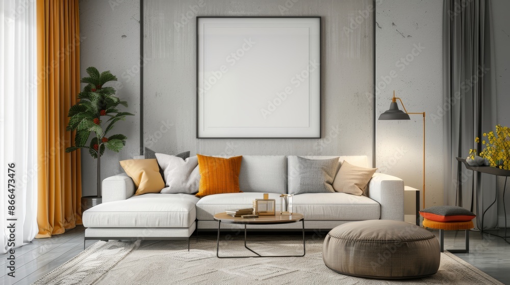 Wall mural mockup poster square frame on wall in living room