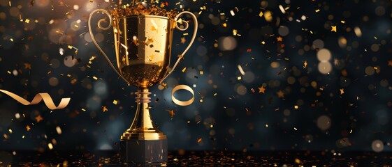 Shiny golden trophy with ribbons and confetti explosion, dynamic lighting, dark backdrop,