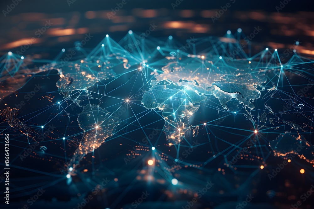 Poster abstract digital world map with global network connections on a blue background. representing digita
