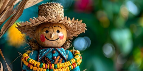 Handmade wooden doll with corn garland for Brazilian Festa Junina celebration. Concept Crafts, Brazilian Culture, Festa Junina, Handmade Doll, Corn Garland