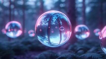 A forest scene with a bunch of glowing, colorful spheres