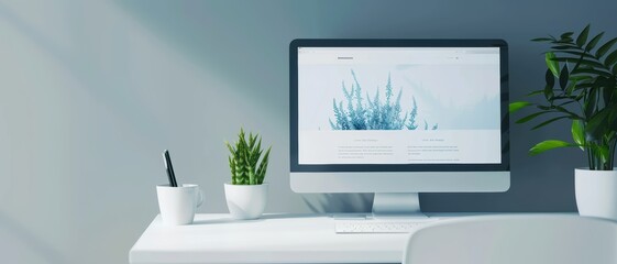 Fototapeta premium Computer monitor with educational website open, modern desk setup, soft light