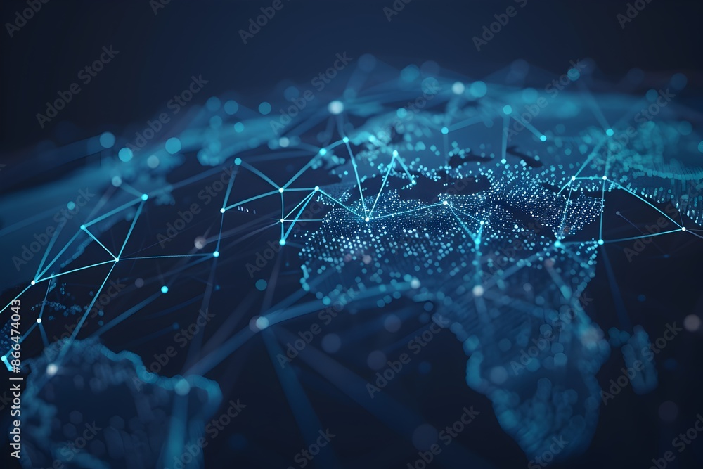 Poster abstract digital world map with global network connections on a blue background. representing digita