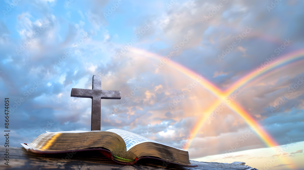 Wall mural hopeful symbol of faith: a cross atop a bible with a double rainbow in the sky