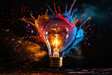 Concept of innovation or idea, colorful paint explosion from a lit light bulb