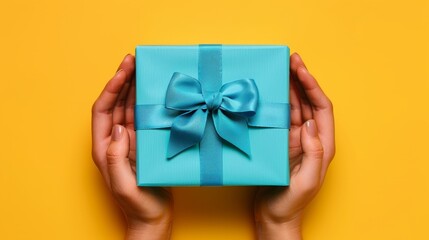 Bright Surprise - Hand Holding a Blue Gift Box on Yellow Background