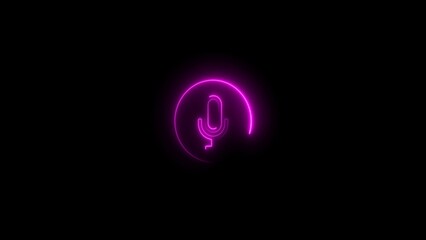 Pink color circle and voice recording microphone icon. Audio microphone icon illumination on black background. Neon illuminated voice recording microphone button icon. Neon radio wave microphone sign.