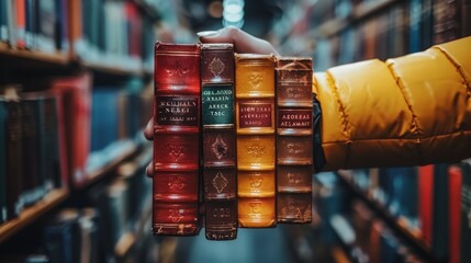 Hand holding multiple books in library interior, perfect for book enthusiasts and passionate readers
