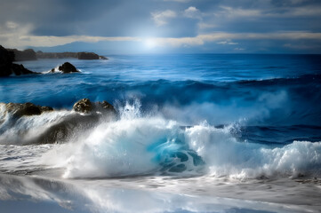 Fototapeta premium 시원한- 푸른 바다 파도(Awe-inspiring blue waves, Blue sea waves, Ocean waves of blue)