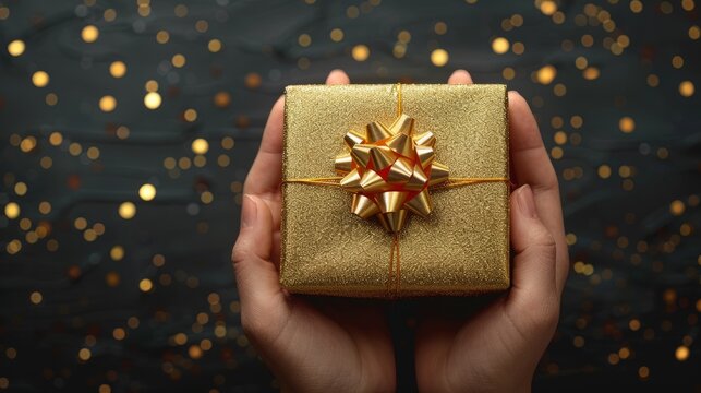 Elegant Hand Holding Gold Gift Box on Black Background - Luxury Present Concept - Powered by Adobe