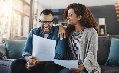 Laughing, budget paperwork or happy couple with financial freedom, documents and planning savings. Funny joke, multiple income streams and portfolio increase or profit growth on investment return