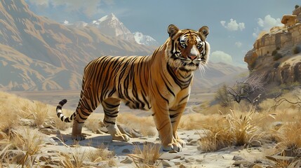 Great tiger male in the nature habitat. Tiger walk during the golden light time. Wildlife scene with danger animal. Hot summer in India. Dry area with beautiful indian tiger, Panthera tigris. 