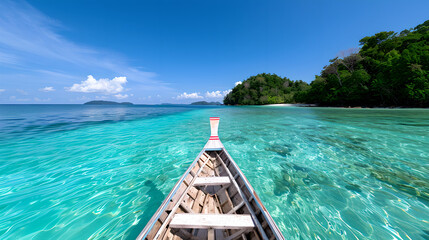 Obraz premium Tropical paradise view from longtail boat in turquoise sea