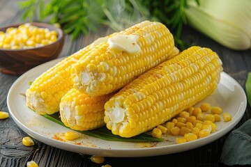 Delicious steamed corn on the cob with melted butter served on a white plate, perfect for a summer meal or BBQ side dish.