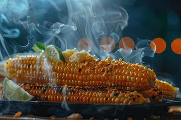 Close-up of freshly grilled corn on the cob with seasoning and lime slices, steaming hot, ready to eat at a summer barbecue.