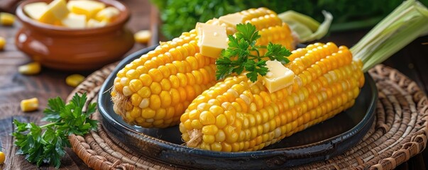 Fototapeta premium Delicious cooked corn on the cob with butter and parsley, served on a black platter. Perfect for a fresh and healthy meal.
