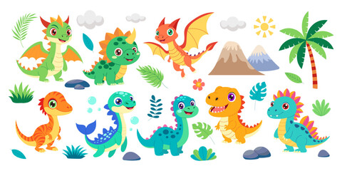 A group of cartoon dinosaurs are shown in a jungle setting. The dinosaurs are of various sizes and colors, including green, yellow, and orange. The scene is lively and playful