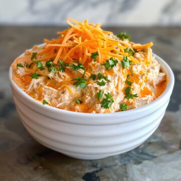 White bowl with buffalo chicken dip with shredded chicken, cream cheese, buffalo sauce, ranch dressing, and shredded cheddar cheese