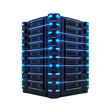 3D illustration of futuristic server rack with glowing blue connections, representing advanced data storage and network technology.