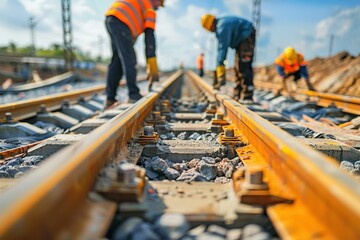 Workers constructing railway track 