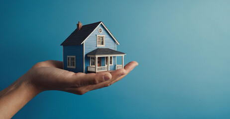 house property on palm on blue background 