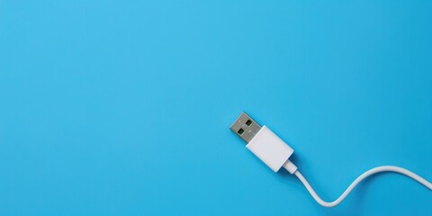 Fototapeta premium White wire usb-c on a blue background stuck in the phone.