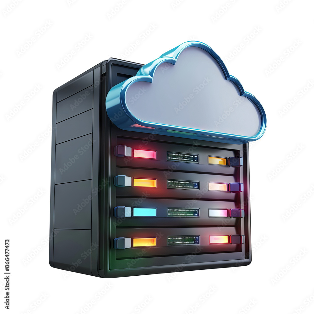Poster colorful server and cloud icon symbolizing data storage, cloud computing, and technology infrastruct