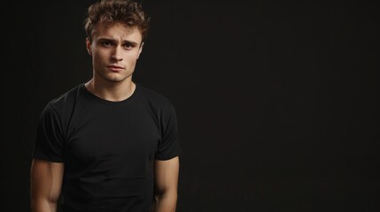 Fototapeta premium A young man in a black t-shirt poses against a black background