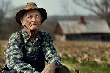 Seasoned farmer in overalls and hat pauses thoughtfully in his field with a barn in the background