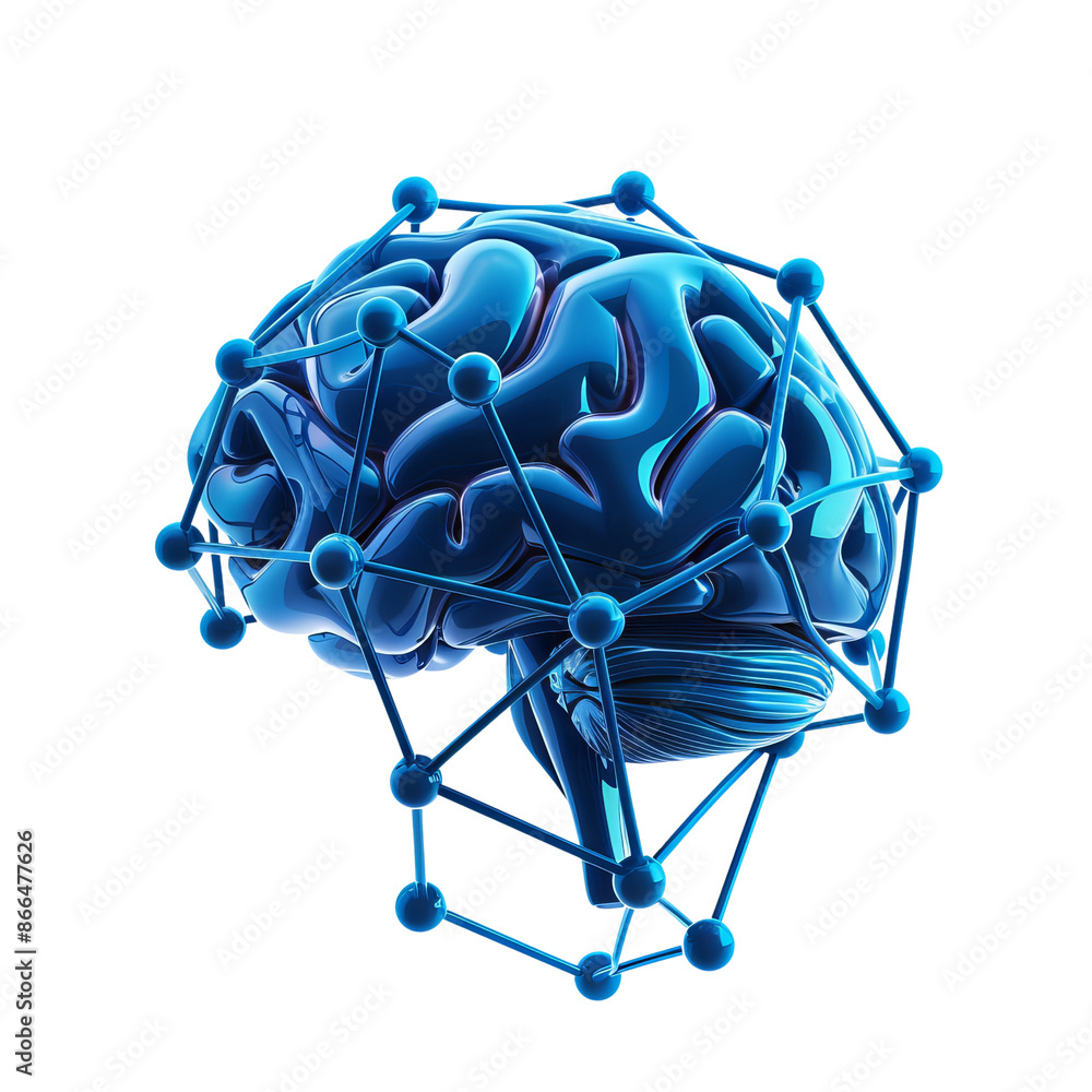 Poster futuristic blue brain with neural connections symbolizing ai technology, neural networks, and digita