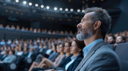 A man with a beard and gray hair sits in a crowded theater