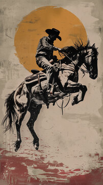 Cowboy bucking bronco horse