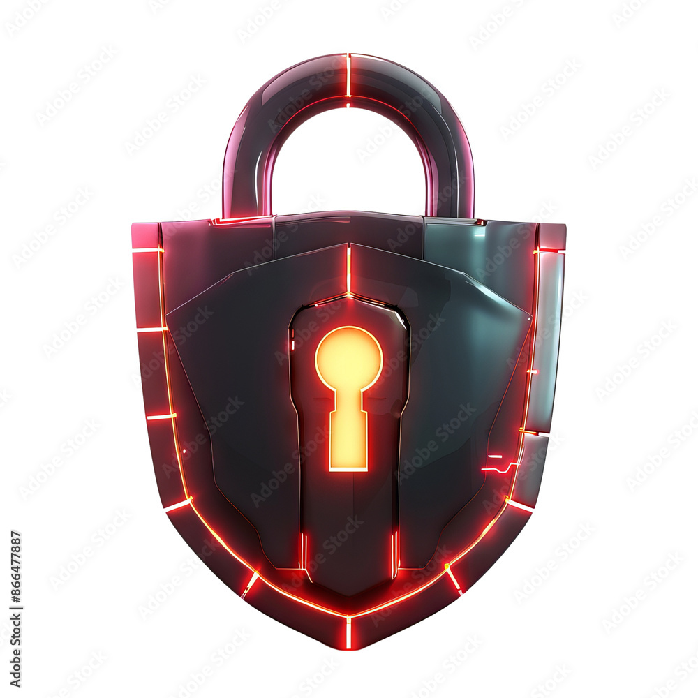 Poster futuristic padlock icon with neon red and black color scheme, symbolizing advanced security and cybe