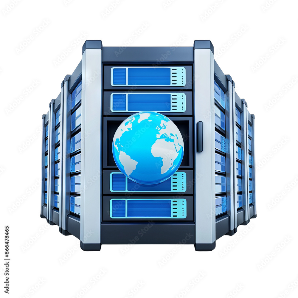 Poster server room with blue server racks and a globe symbolizing global data connectivity and online servi