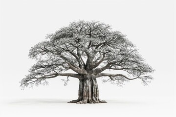 A conceptual image of a baobab tree with augmented reality features and a robust, metallic trunk, isolated on a clean white background