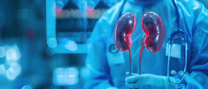 A conceptual image of a nephrectomy procedure with digital surgical tools and holographic kidneys, perfect for a medical banner with ample copy space