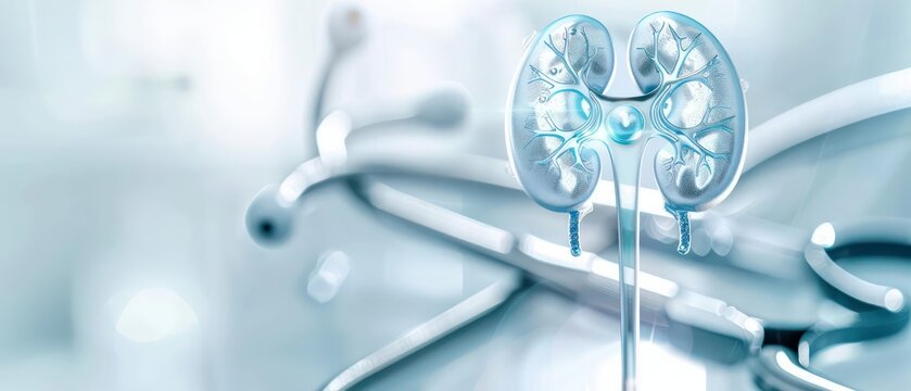A conceptual image of a nephrectomy procedure with digital surgical tools and holographic kidneys, perfect for a medical banner with ample copy space