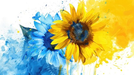 Yellow and blue sunflowers in splashes of watercolor as Ukraine flag colors and Ukrainian culture symbol
