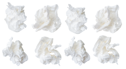 Top view set of crumpled or screwed tissue paper balls isolated with clipping path in png file format
