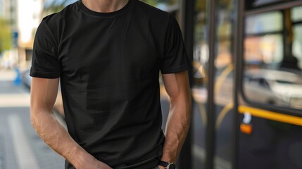 Man in a black t-shirt mockup standing near a bus stop