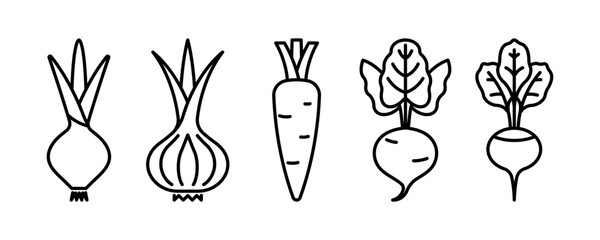 Onion, garlic, carrot, beet, radish - vegetables line icon. Root vegetables linear illustration. Icon set, thin stroke, editable line