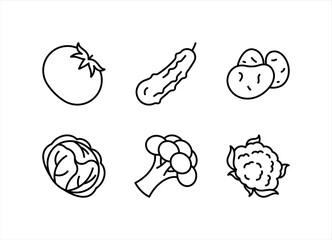 Tomato, cucumber, potatoes, cabbage, broccoli, cauliflower- vegetables line icon. Linear illustration. Ingredients for cooking. Icon set, thin stroke, editable line